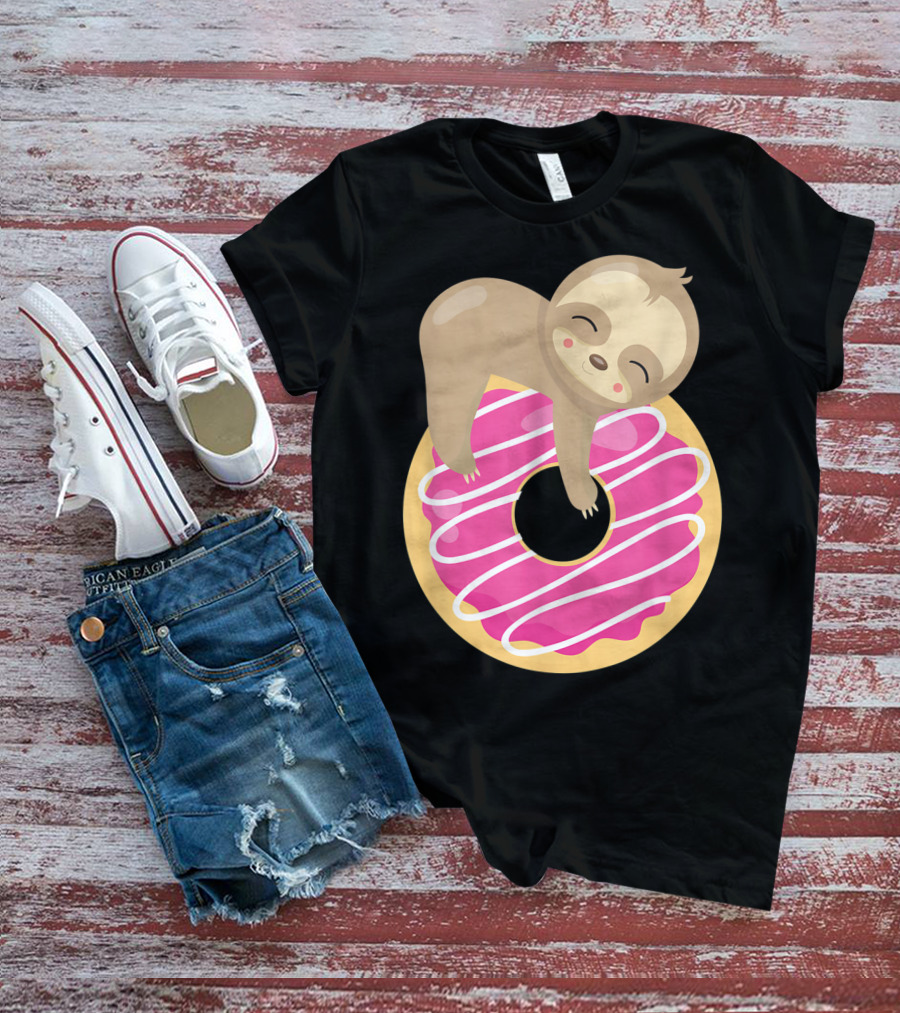 Baby Sloth Sleeping On Pink Frosted Donut T-Shirt