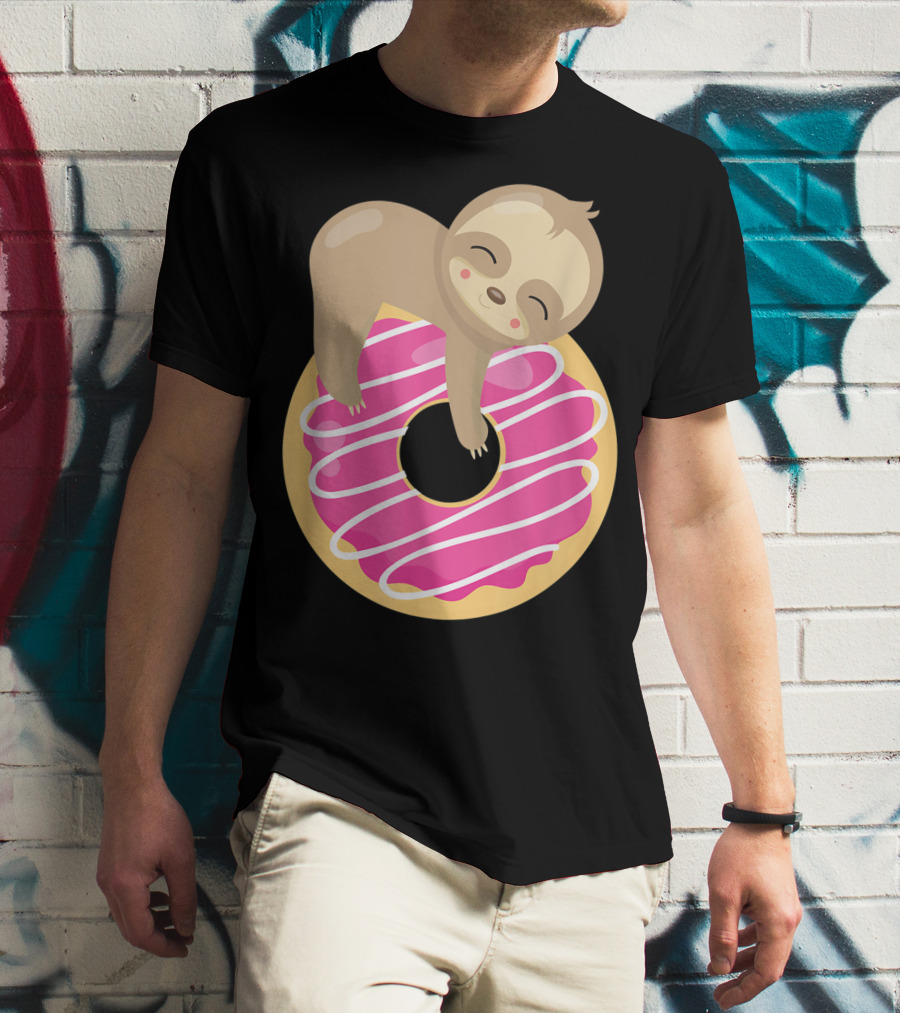 Baby Sloth Sleeping On Pink Frosted Donut T-Shirt