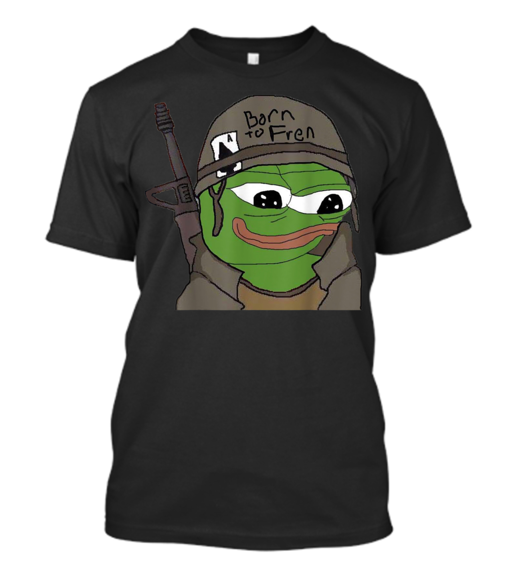 Born To Fren Pepe Military Helmet Cartoon With Rifle T-Shirt