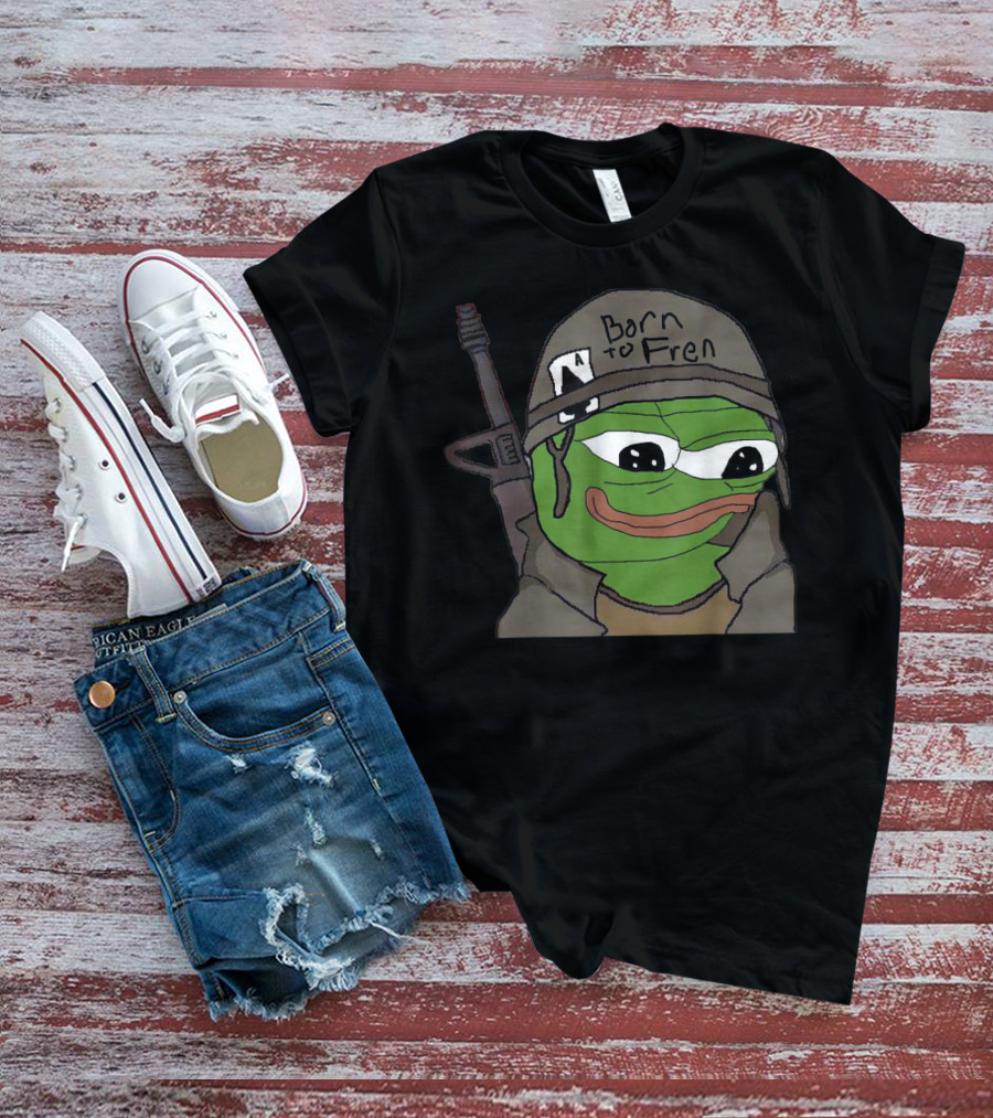 Born To Fren Pepe Military Helmet Cartoon With Rifle T-Shirt