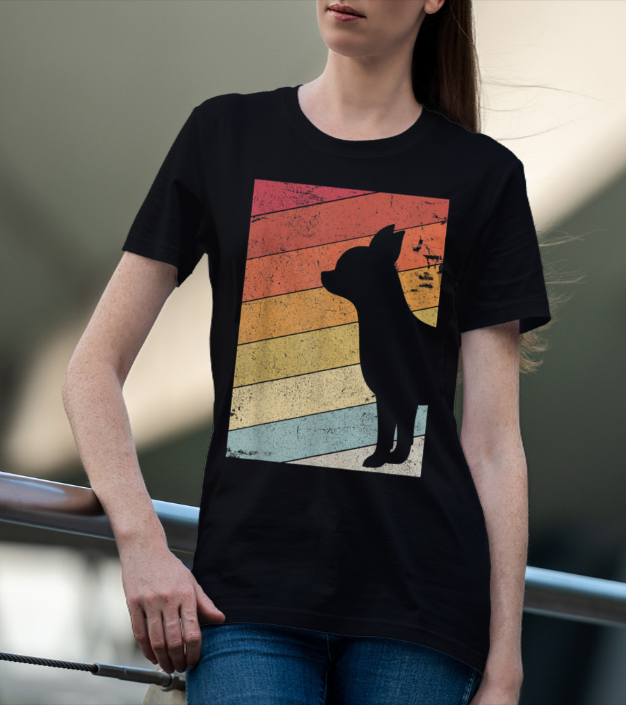 Chihuahua Style Retro Silhouette With Vintage Rainbow Stripes T-Shirt