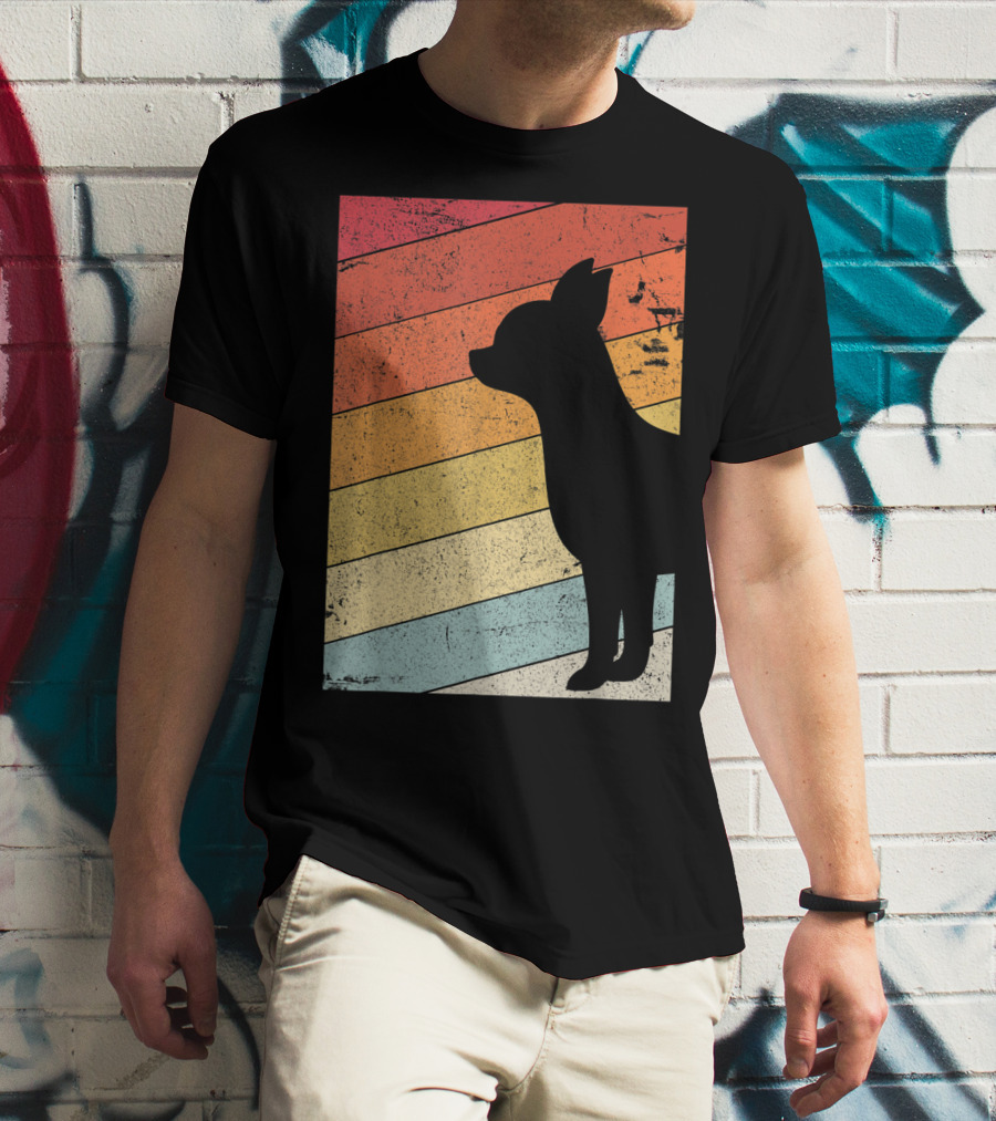 Chihuahua Style Retro Silhouette With Vintage Rainbow Stripes T-Shirt