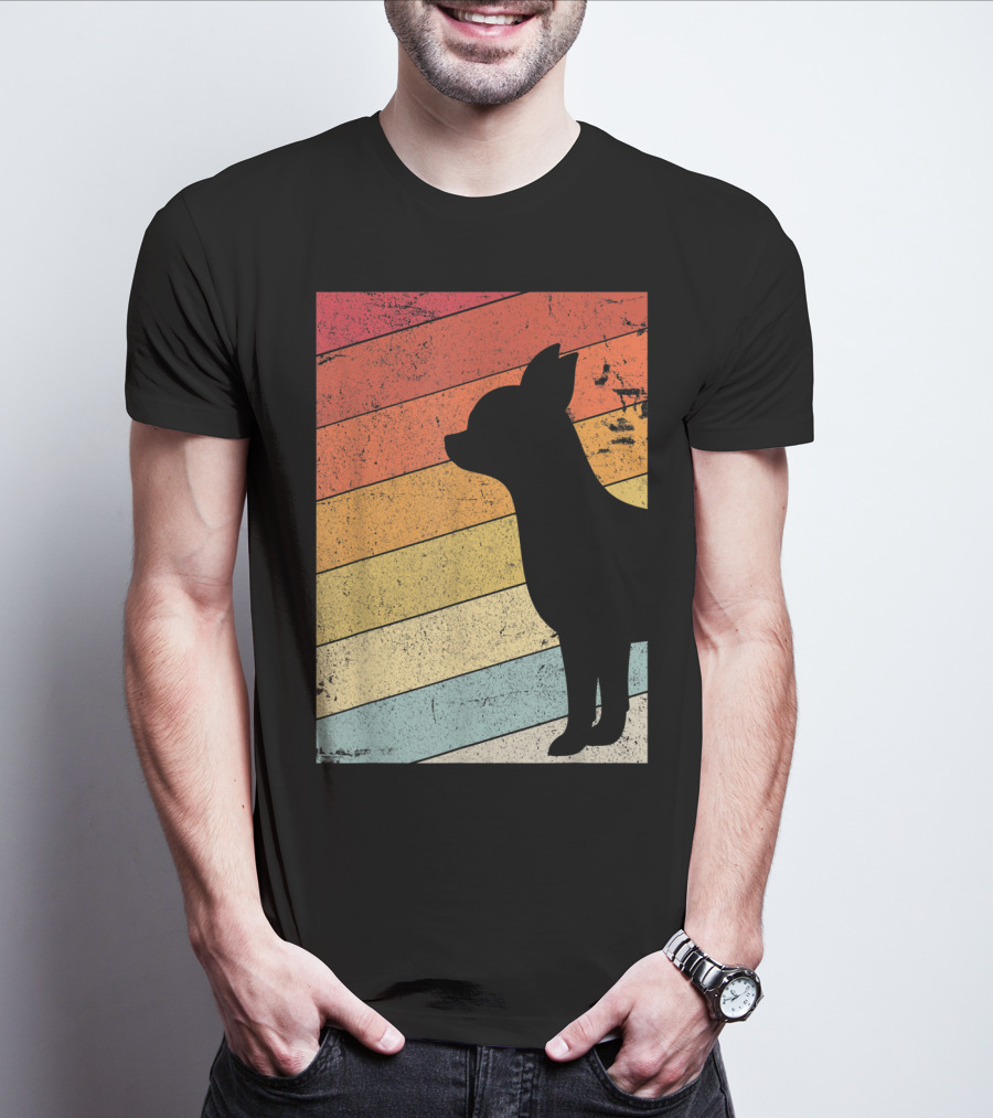 Chihuahua Style Retro Silhouette With Vintage Rainbow Stripes T-Shirt