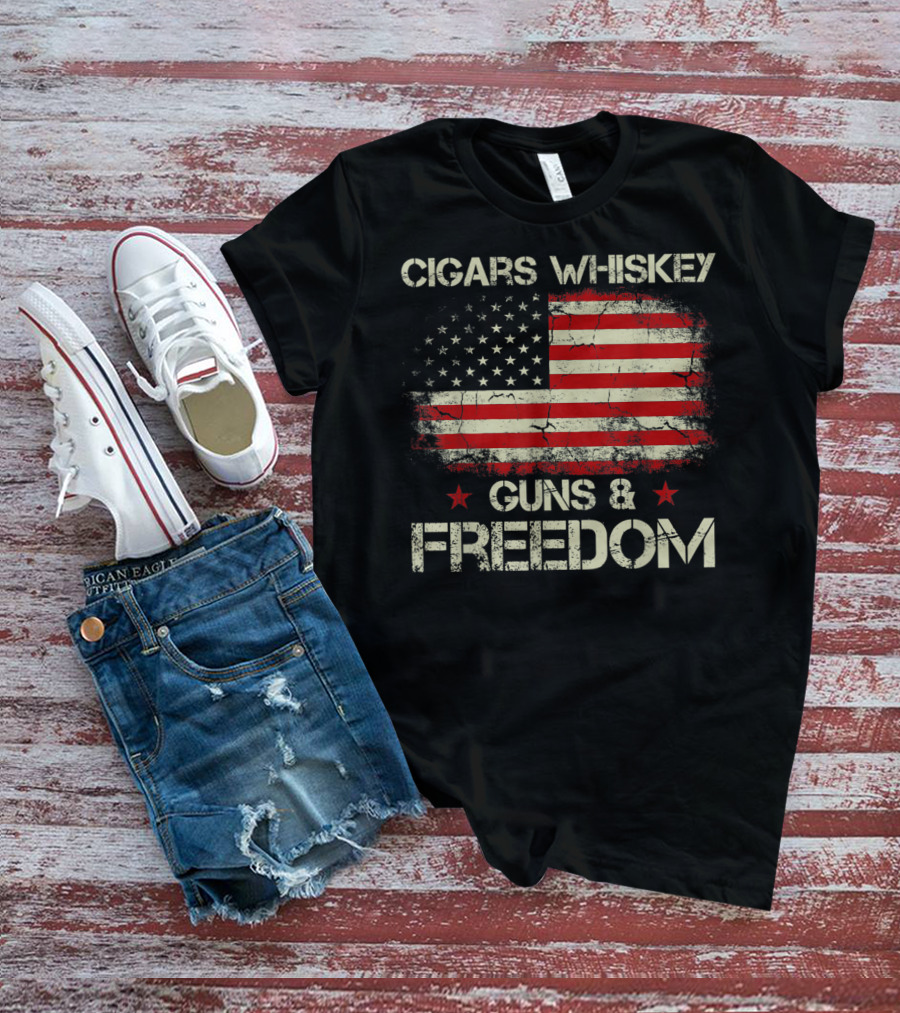 Cigars Whiskey Guns Freedom American Flag Patriotic USA Stars Stripes T-Shirt