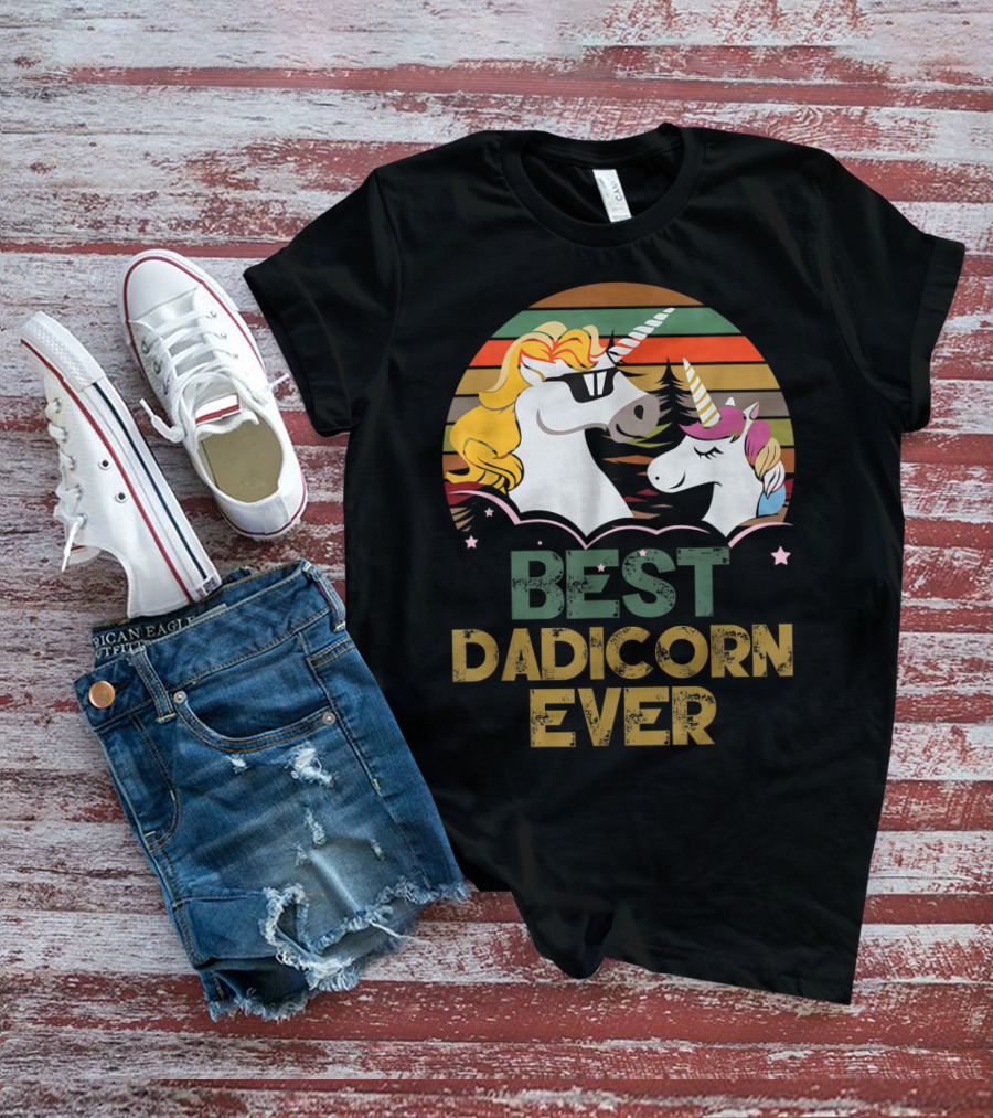 Best Dadicorn Ever Retro Funny Unicorns With Sunset Stripes T-Shirt