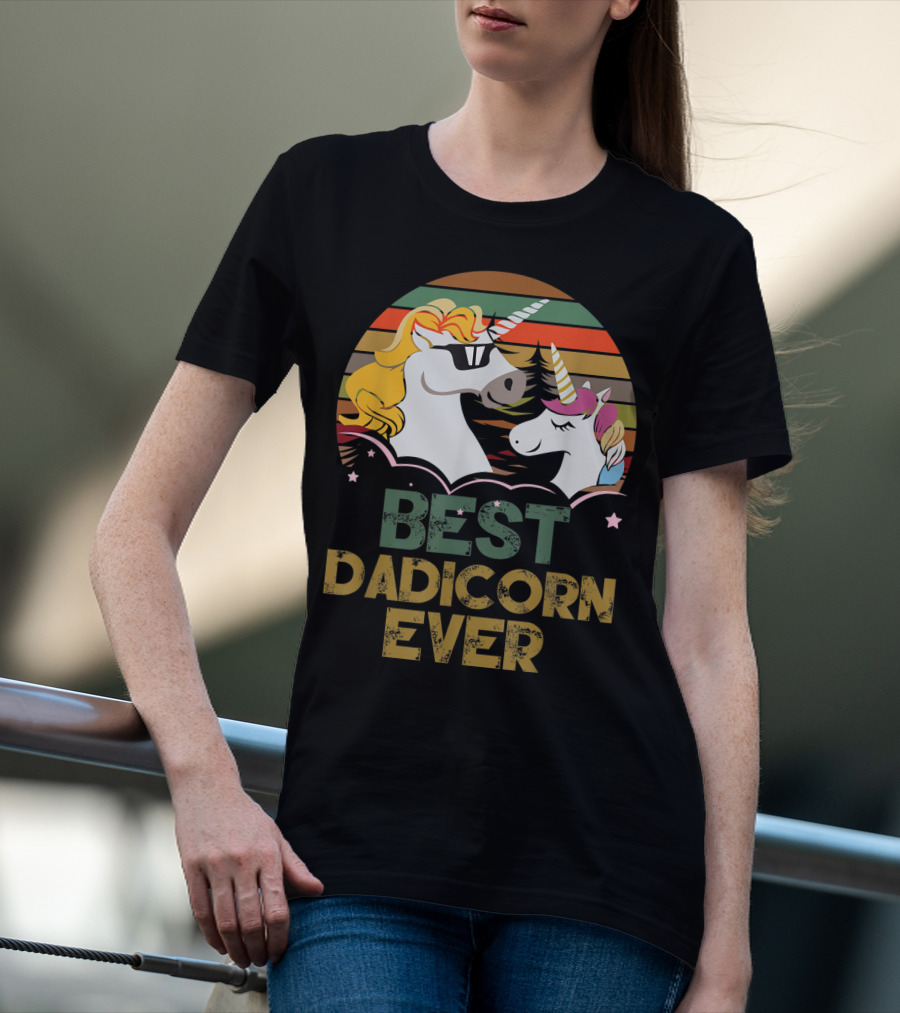 Best Dadicorn Ever Retro Funny Unicorns With Sunset Stripes T-Shirt