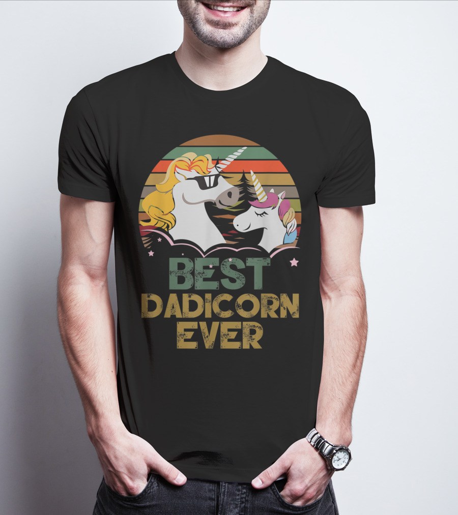 Best Dadicorn Ever Retro Funny Unicorns With Sunset Stripes T-Shirt