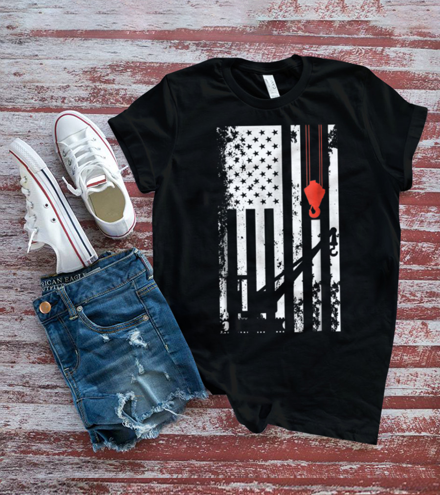 American Flag Crane Operator Hook And Lines T-Shirt