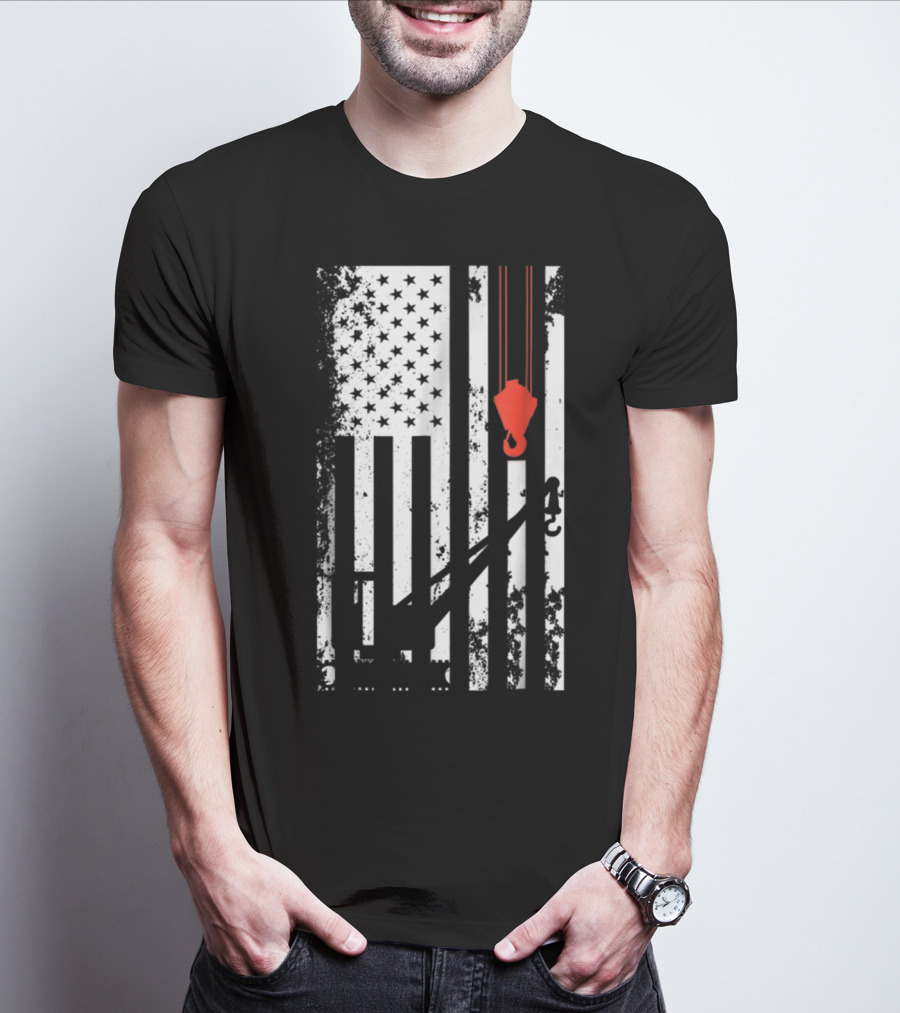 American Flag Crane Operator Hook And Lines T-Shirt