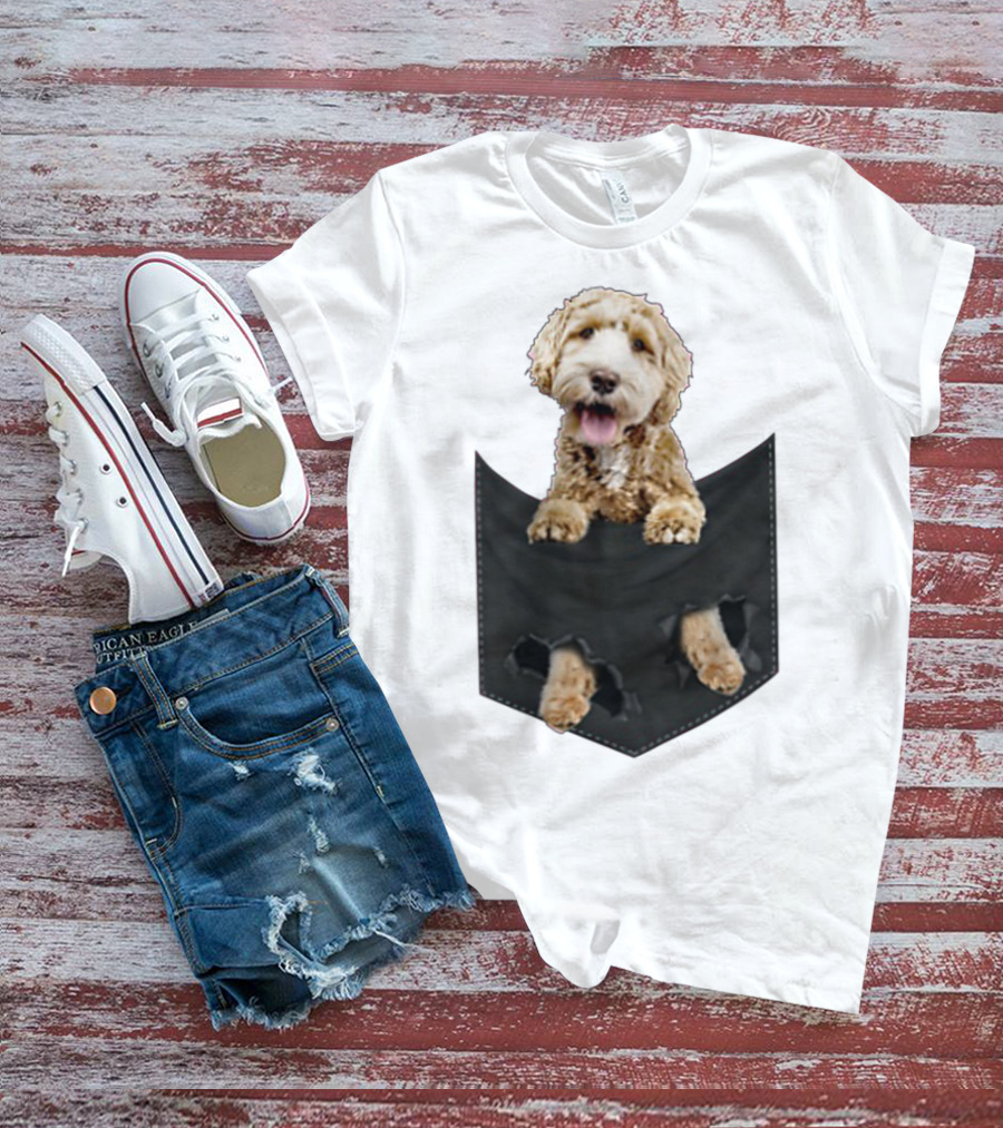 Dog In Your Pocket Labradoodle Peeking Out Pawing Through Black Pocket T-Shirt