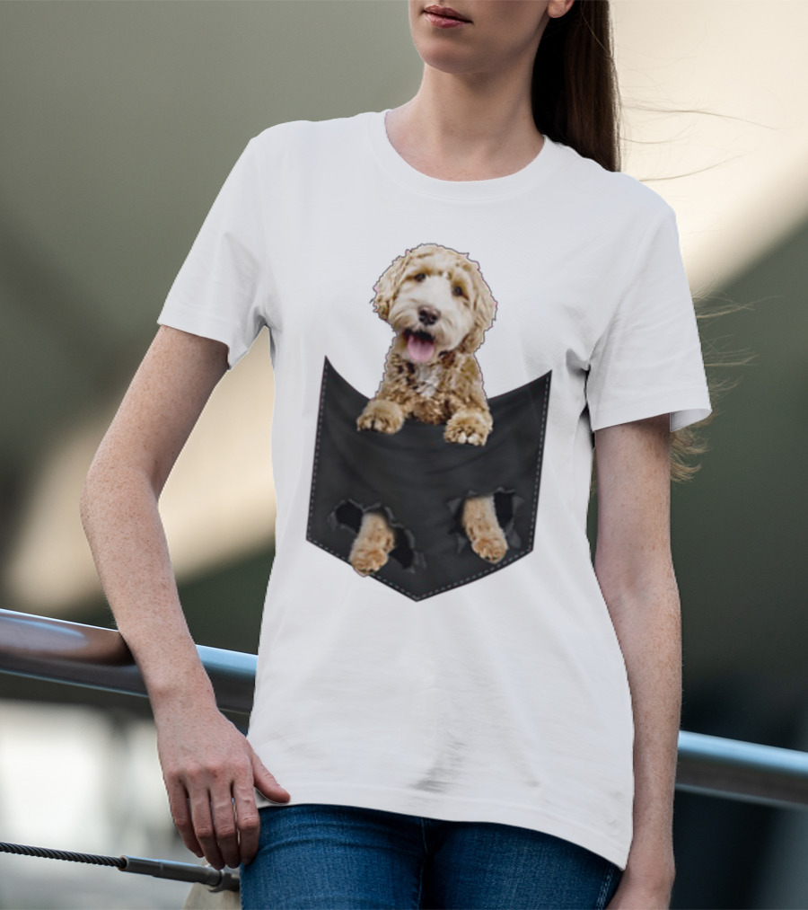Dog In Your Pocket Labradoodle Peeking Out Pawing Through Black Pocket T-Shirt