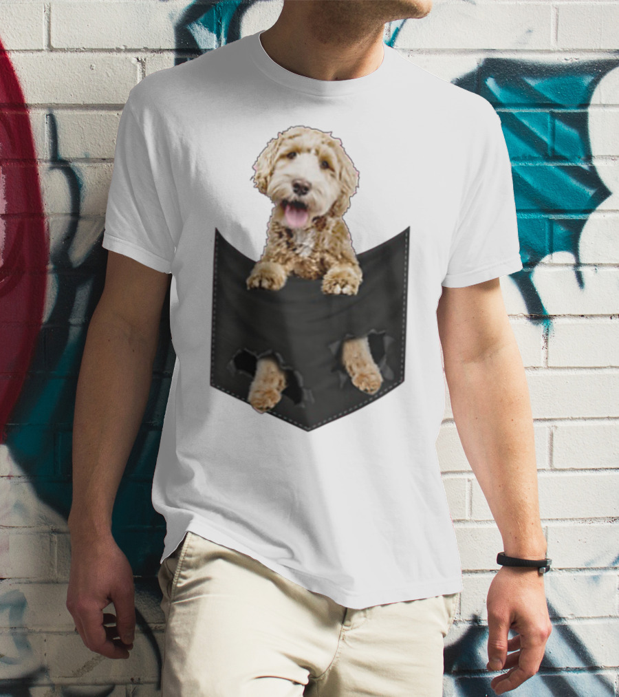 Dog In Your Pocket Labradoodle Peeking Out Pawing Through Black Pocket T-Shirt