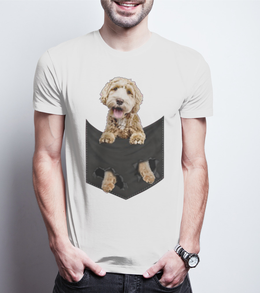 Dog In Your Pocket Labradoodle Peeking Out Pawing Through Black Pocket T-Shirt