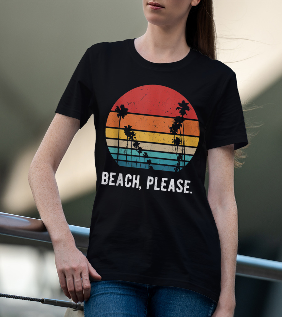 Beach Please Summer Breaks Aloha Vintage Sunset Palm Trees T-Shirt