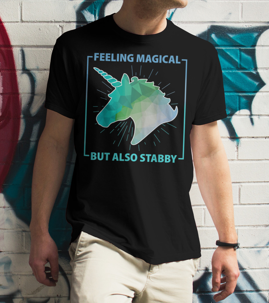 Feeling Magical But Also Stabby Funny Cute Unicorn Geometric Head T-Shirt