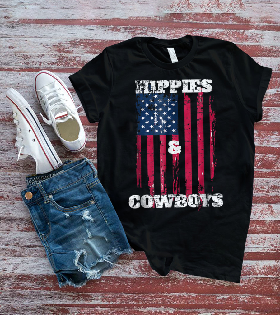 Hippies Cowboys And American Flag Distressed Look T-Shirt