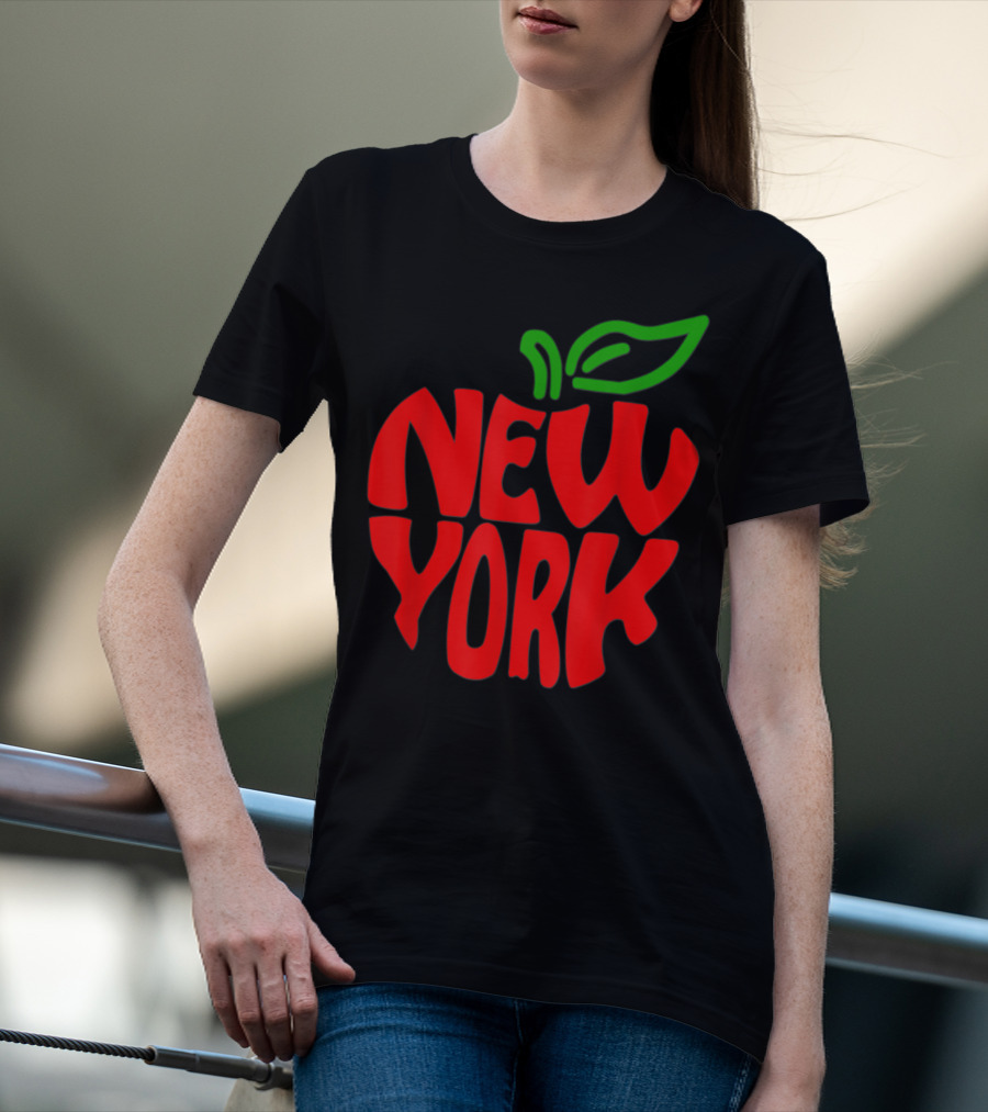 New York Big Apple Red Typography With Green Leaf T-Shirt