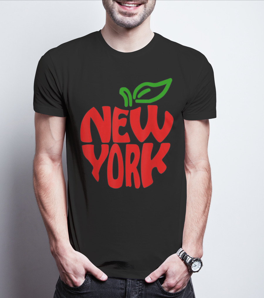 New York Big Apple Red Typography With Green Leaf T-Shirt