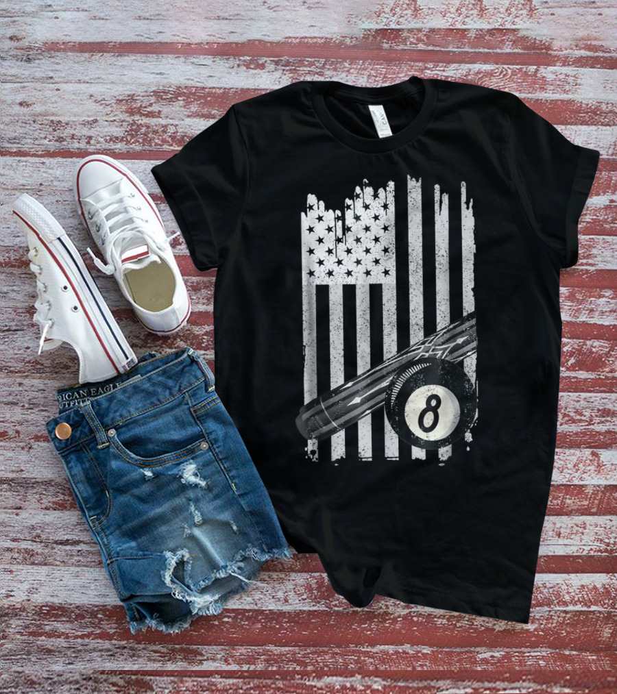 American Flag Billiard Cue And 8 Ball Pool Table T-Shirt