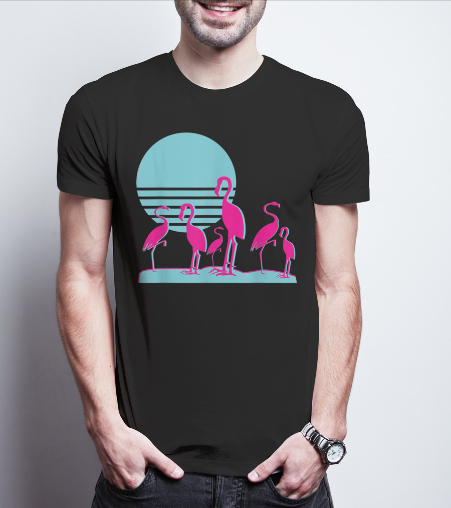 Flamingos Aesthetic Vaporwave 1980s Sunset Sundown Retro Synthwave T-Shirt