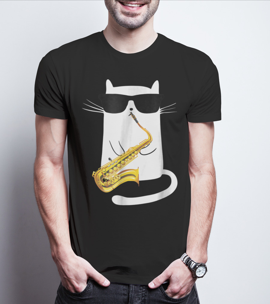 Funny Cat Playing Saxophone With Sunglasses T-Shirt