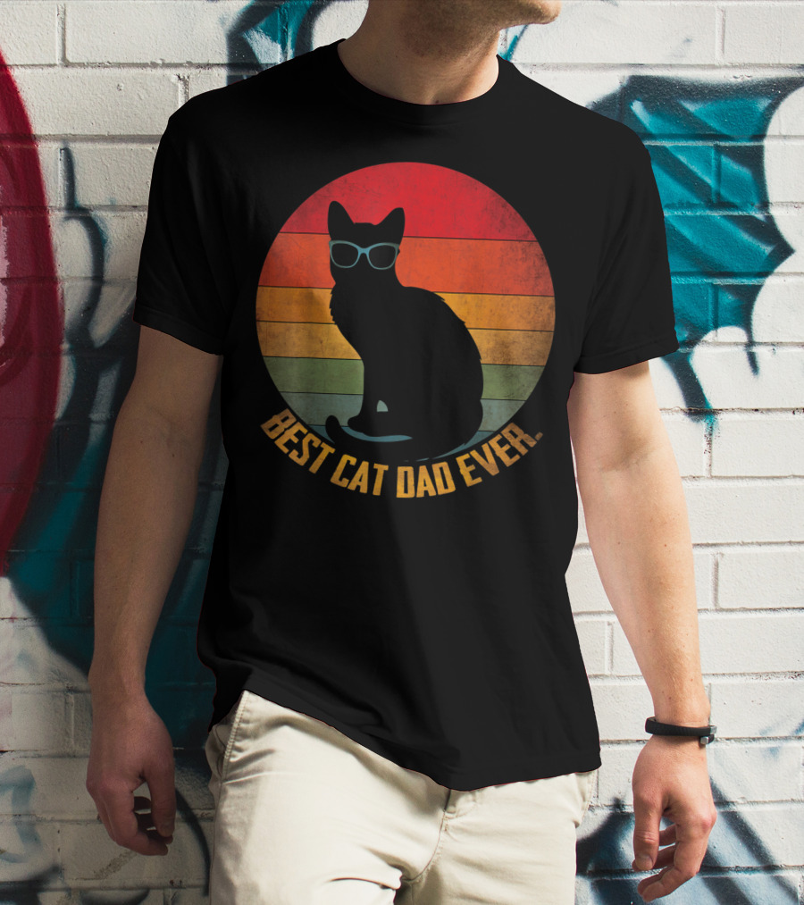 Vintage Sunset Best Cat Dad Ever Silhouette With Sunglasses T-Shirt