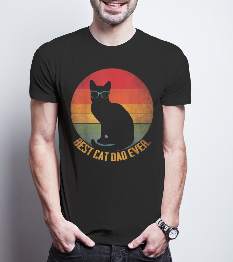 Vintage Sunset Best Cat Dad Ever Silhouette With Sunglasses T-Shirt