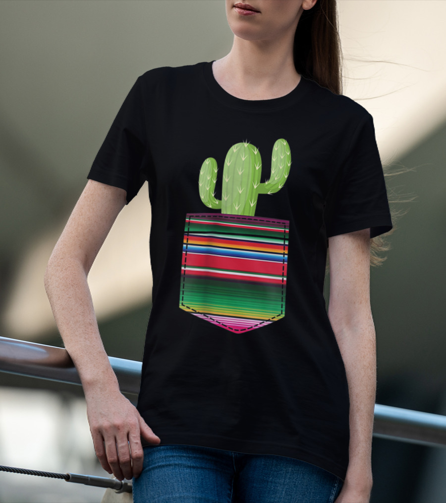 Cactus In Serape Pocket Mexican Fiesta Party T-Shirt