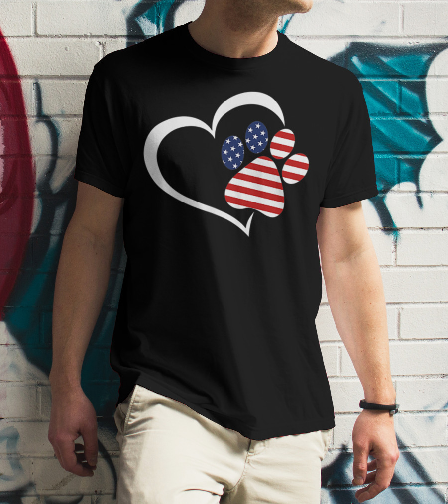 Dog Paw Heart Love Red White Blue American Flag Patriotic T-Shirt
