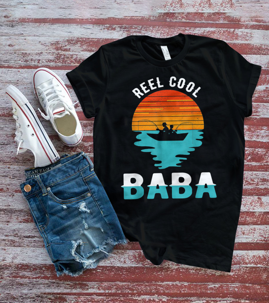 Reel Cool Baba Father's Day Fishing Silhouette Sunset T-Shirt
