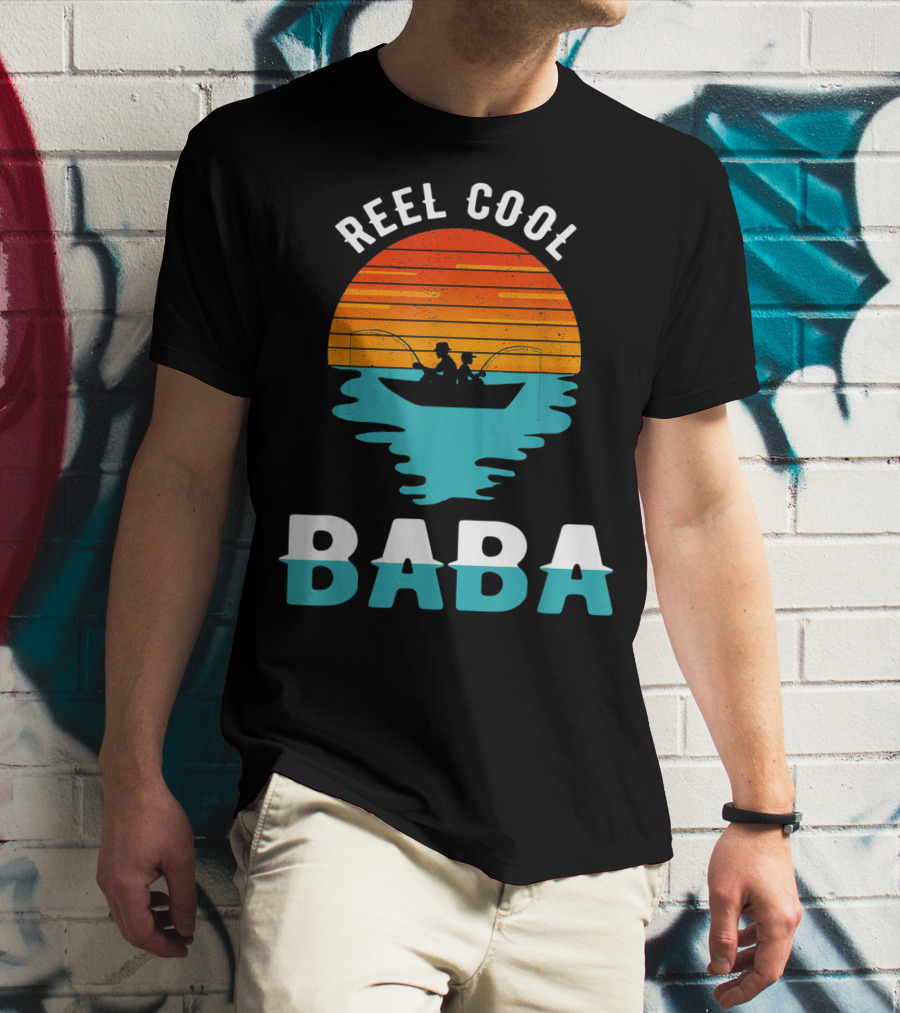 Reel Cool Baba Father's Day Fishing Silhouette Sunset T-Shirt