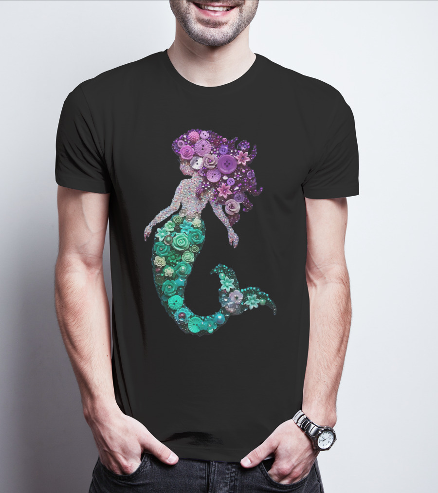 Flower Mermaid Purple Green Buttons T-Shirt