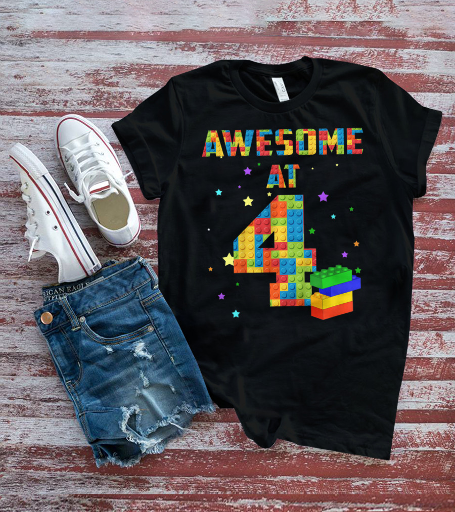 AWESOME AT 4 Building Blocks Kids Birthday T-Shirt