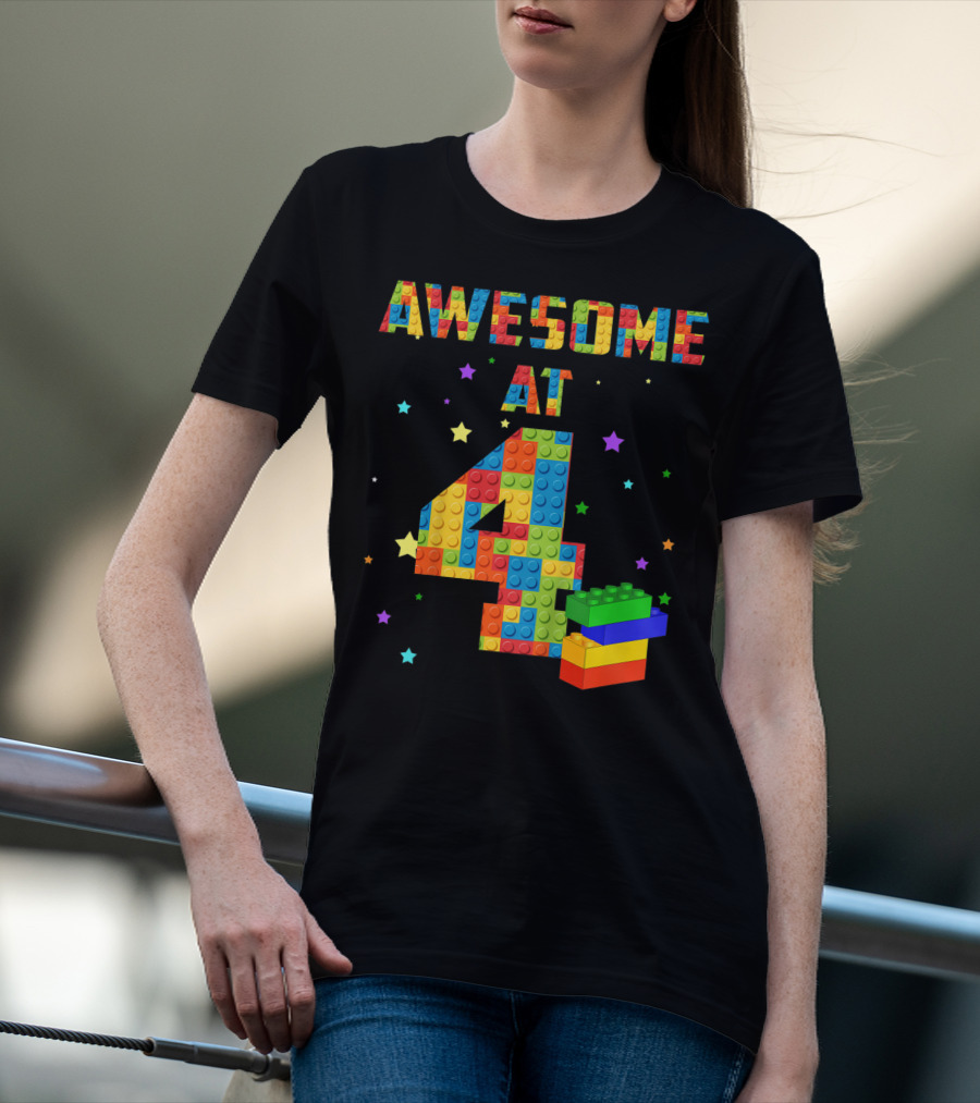 AWESOME AT 4 Building Blocks Kids Birthday T-Shirt