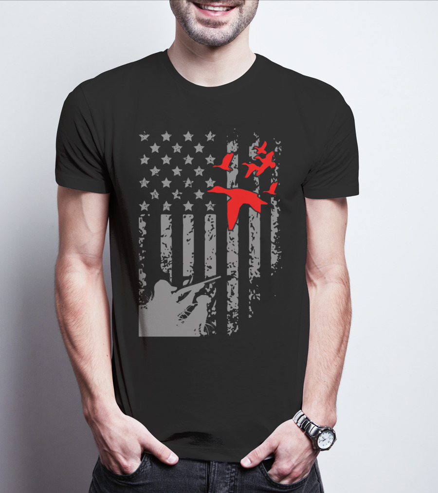 American Flag Waterfowl Hunting With Patriotic Duck T-Shirt