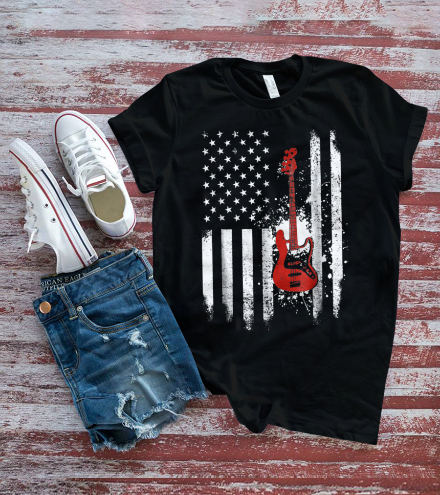 Bass Guitar Red White Stars Stripes American Flag T-Shirt