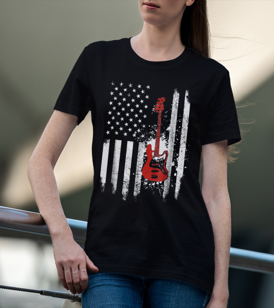 Bass Guitar Red White Stars Stripes American Flag T-Shirt