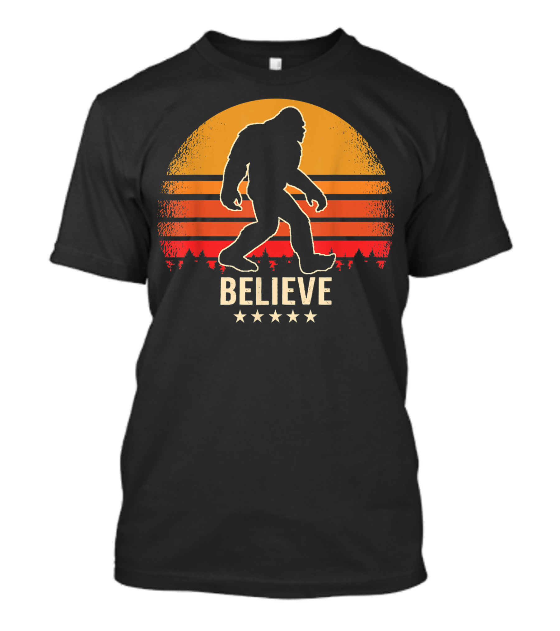 Believe Sunset Bigfoot Silhouette Retro Stars Forest T-Shirt