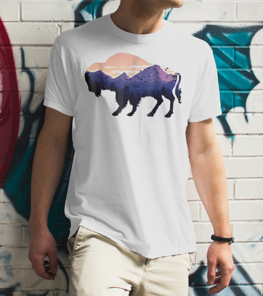 Bison Silhouette With Mountain And Forest Scene T-Shirt