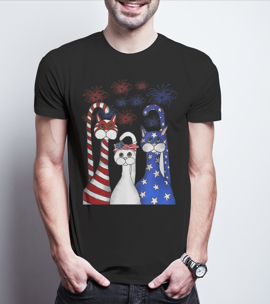 Cat Red White Blue American Flag Patriotic Fireworks T-Shirt
