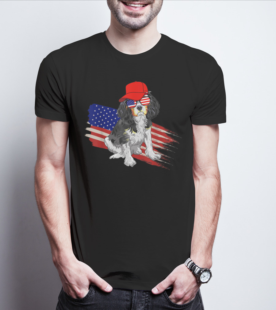 Cavalier King Charles Spaniel USA Flag Hat Sunglasses Patriotic Fourth Of July T-Shirt