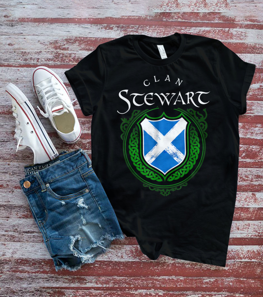 Clan Stewart Scottish Shield Scotland Flag And Green Celtic Knotwork T-Shirt