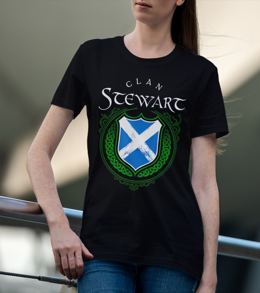 Clan Stewart Scottish Shield Scotland Flag And Green Celtic Knotwork T-Shirt