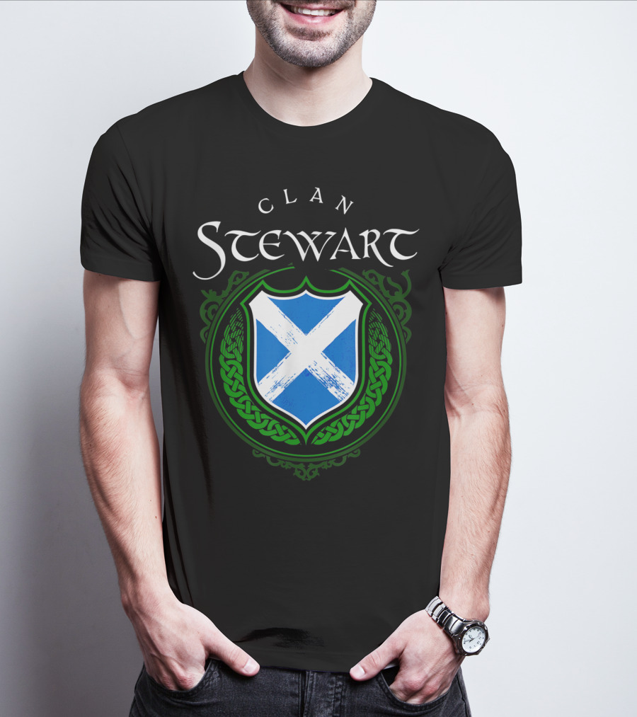 Clan Stewart Scottish Shield Scotland Flag And Green Celtic Knotwork T-Shirt