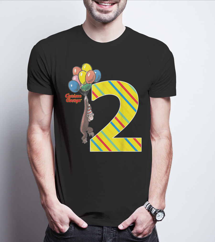 Curious George Holding Balloons Next To Colorful Striped Number 2 For Second Birthday T-Shirt