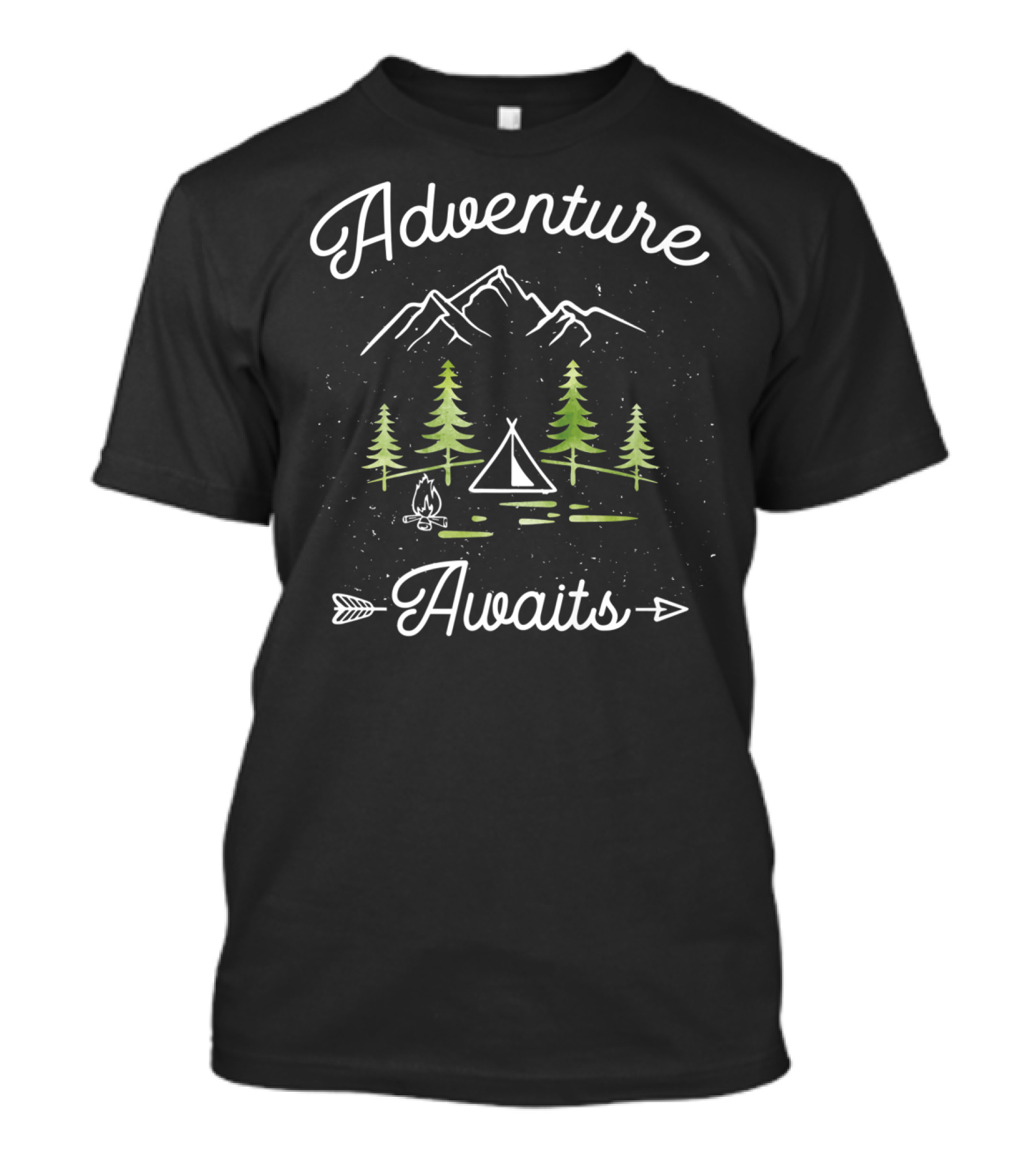 Adventure Awaits Camping Hiking Outdoor Travel Mountains Trees Tent Campfire Arrow T-Shirt