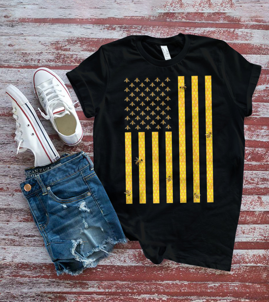 American Flag Honeycomb Honey Bee Beekeeping Beekeeper USA Patriotic T-Shirt