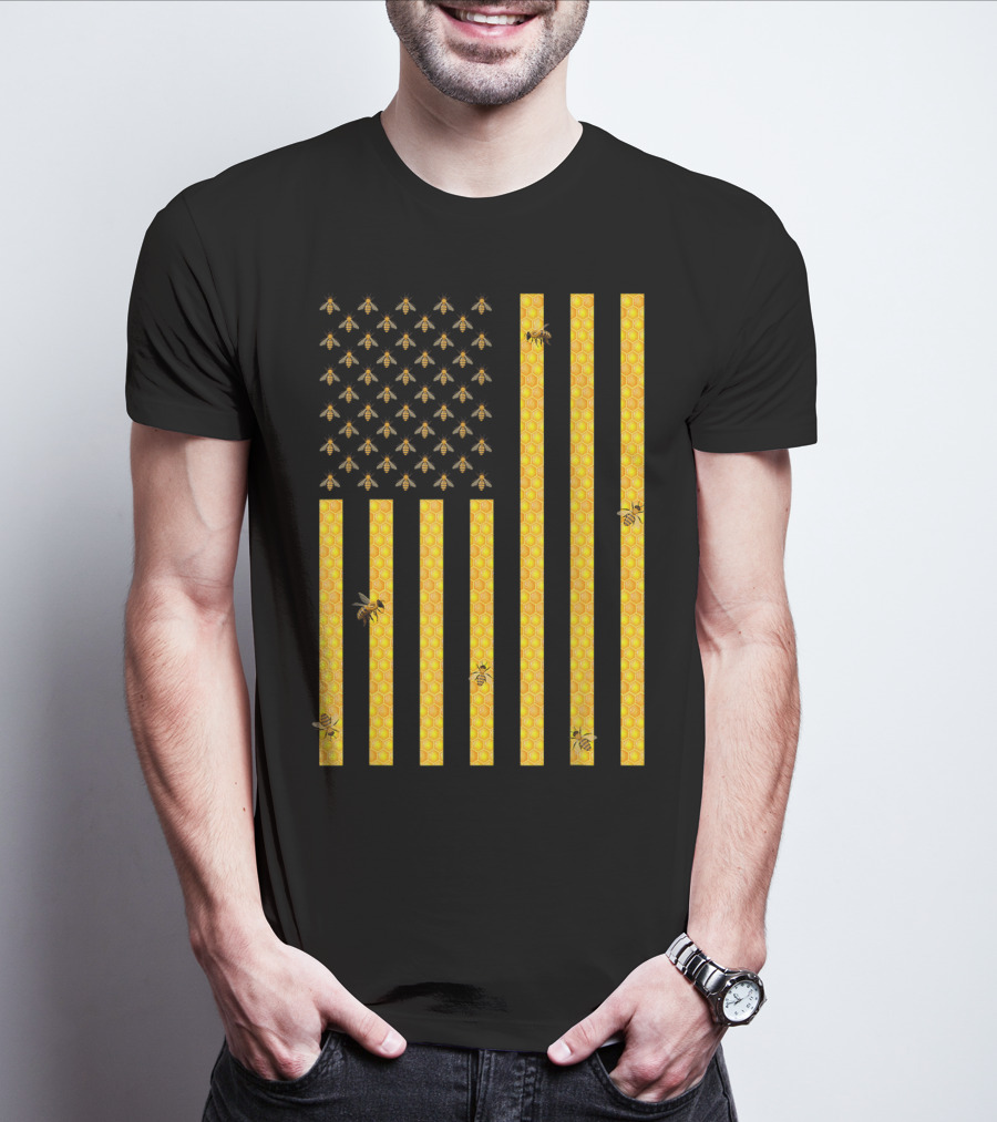 American Flag Honeycomb Honey Bee Beekeeping Beekeeper USA Patriotic T-Shirt