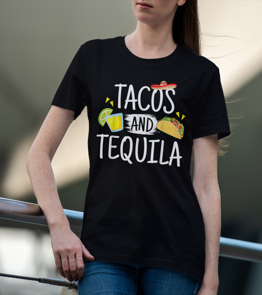 Tacos And Tequila Mexican Sombrero With Lime Slice And Taco Icons T-Shirt