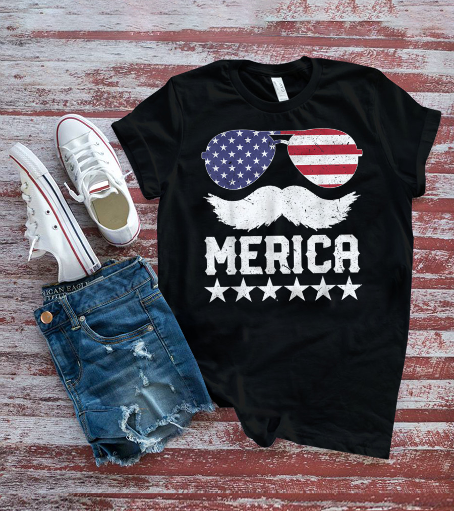 MERICA USA Flag Mustache Sunglasses Stars Independence Day T-Shirt